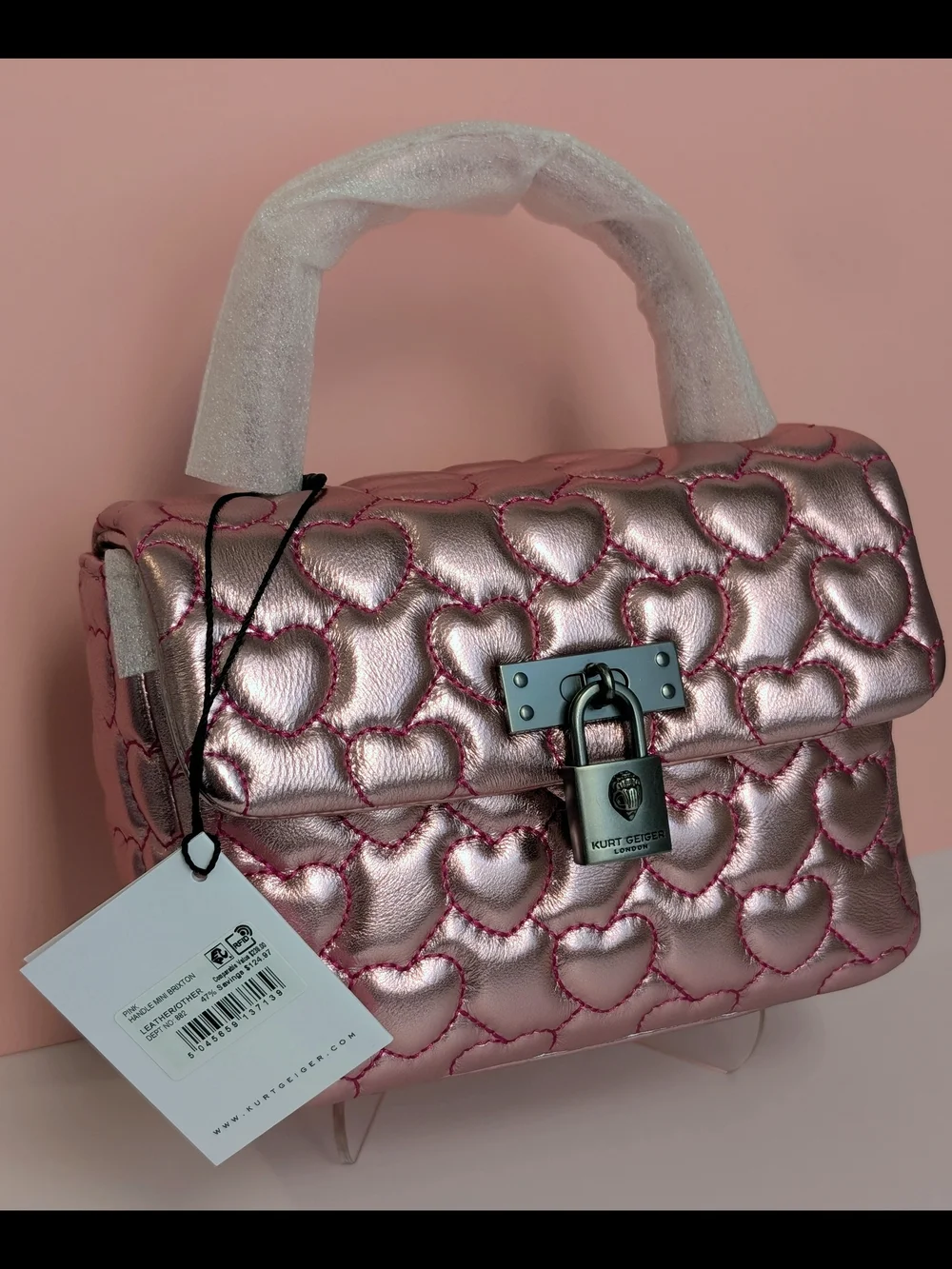 Kurt Geiger London Pink Heart Mini Brixton Metallic Bag NWT Dust Bag Included